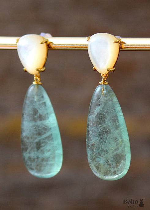 Boho Earrings, Dangle Earrings, Fluorite Shell Stud